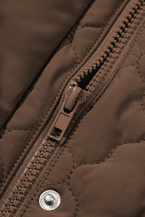 Stand Collar Flower Quilted Snap Button Zip Vests